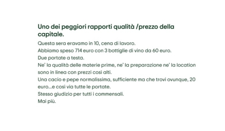 La recensione dell'utente (Tripadvisor screenshot) - www.notiziesecche.it